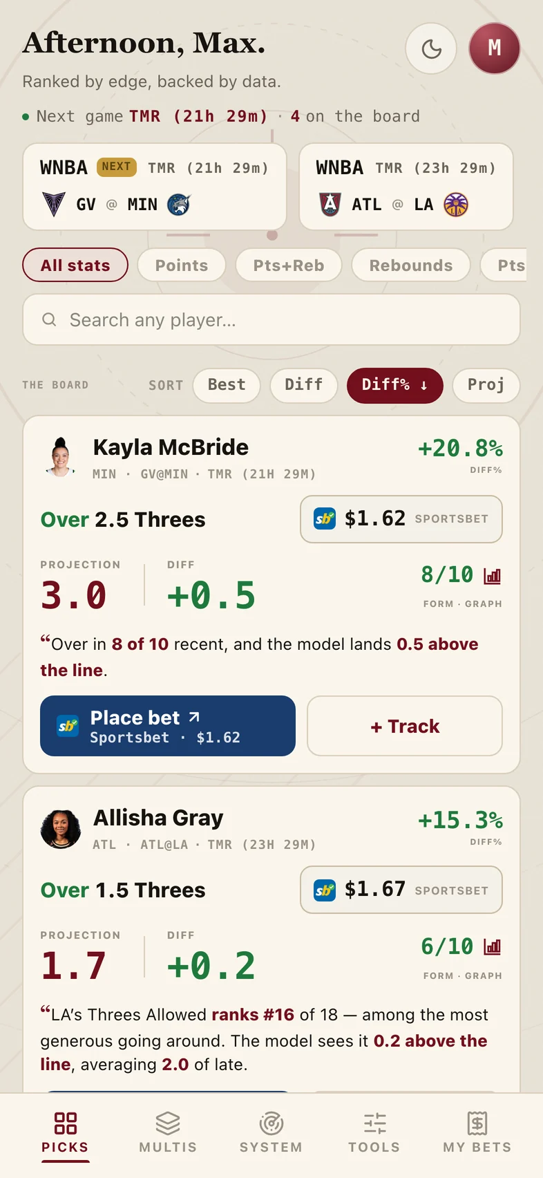 The Projections board in the HaterPicks app